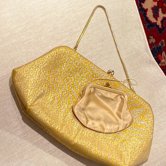 Vintage H L USA Gold Clutch Handbag Purse Wallet kiss closure & attached wallet - Picture 13 of 16